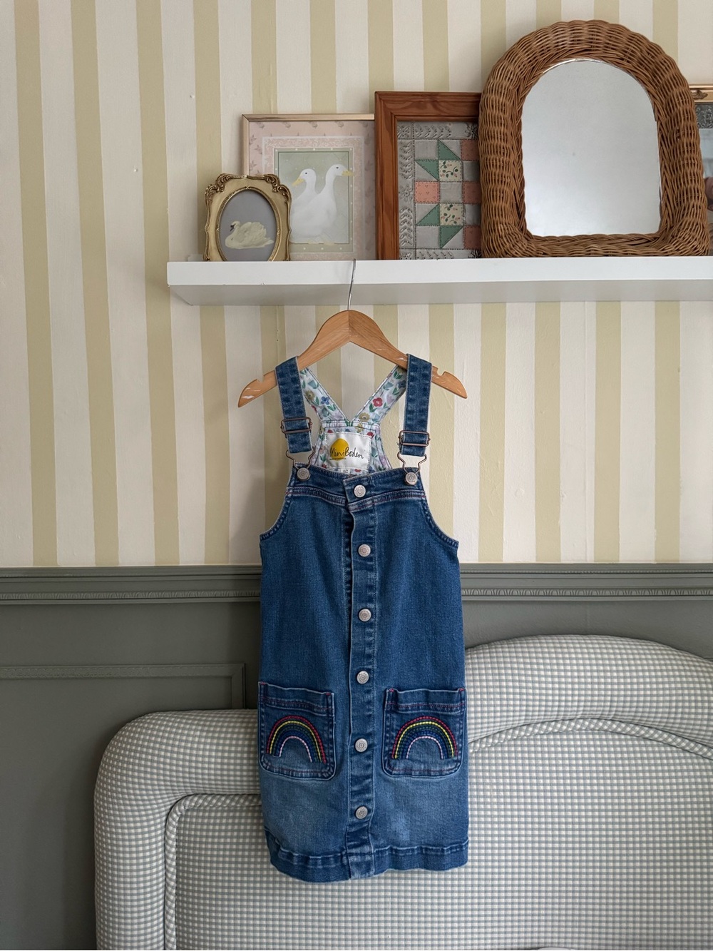 Mini Boden Girls Blue Denim Overall Dress with Rainbow Pockets
